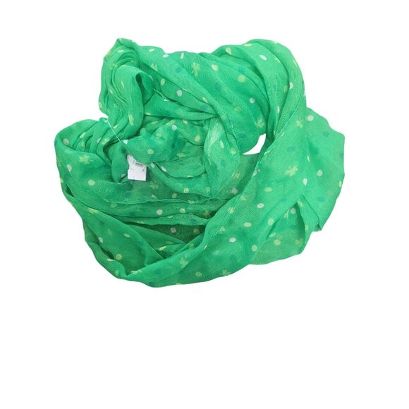 Green Infinity Scarf With White Polka Dots & Floral Pattern Lightweight Polyeste - Picture 4 of 5